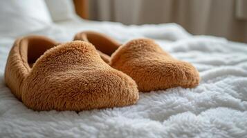 Cozy slippers resting on a plush rug in a warm and inviting indoor setting during the day photo