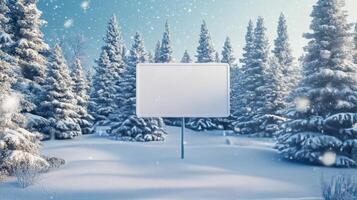 Winter landscape featuring a blank billboard among snowy pine trees under falling snowflakes photo