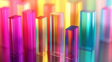 Colorful transparent geometric shapes arranged in a vibrant display for artistic effect photo