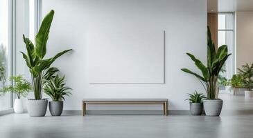 Modern minimalist interior design featuring plants and empty canvas in bright space photo
