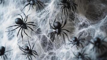 Detailed close-up of a spider navigating its intricate web in a cool-toned environment photo