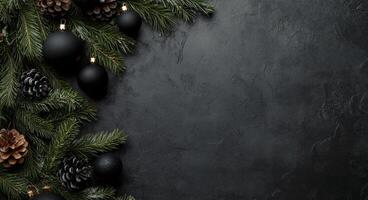 Festive black background with evergreen branches, pinecones, and black ornaments for holiday decor photo