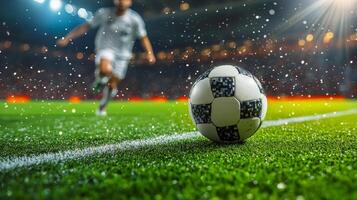 Football player in jersey number 11 approaches ball on illuminated pitch during evening match photo