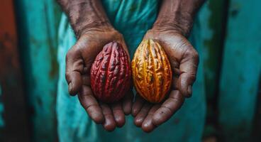 Hands holding ripe cacao pods in a tropical setting during harvest season photo