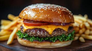 Delicious cheeseburger with lettuce, tomato, and onion served with golden fries on a wooden platter photo