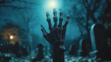 Eerie skeletal hand reaching out amid desolation of abandoned town photo