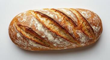 Freshly baked artisanal loaf with crispy crust showcasing intricate scoring patterns photo