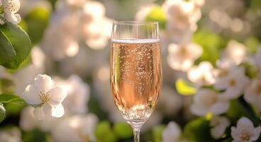 Sparkling drink in a glass surrounded by blooming flowers at a sunny garden gathering photo