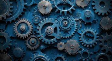Intricate arrangement of metallic gears against a textured blue background in industrial design photo