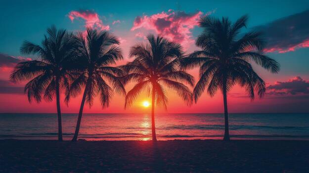 Sunset over the ocean with silhouetted palm trees at a serene beach location photo