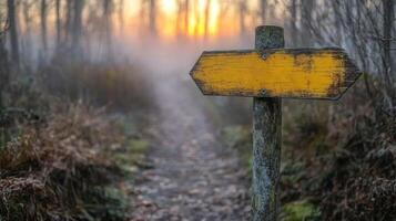 Misty forest trail with a wooden signpost indicating a pathway through lush greenery photo