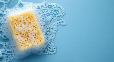 Soapy sponge resting on a blue surface with bubbles scattered around during cleaning activity photo