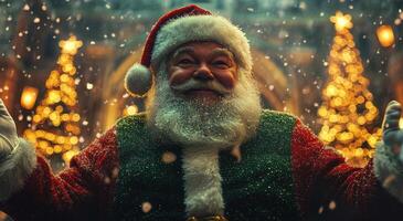 Santa Claus walks joyfully through a festive Christmas market adorned with twinkling lights photo