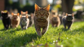 Four playful cats joyfully running through a colorful autumn park during golden hour photo