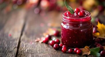 Freshly made cranberry jam in a jar on a rustic wooden table with autumn leaves photo