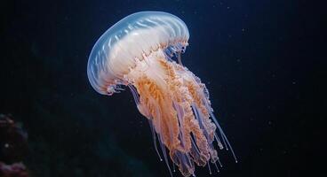 A vibrant jellyfish gliding gracefully through the dark ocean waters in a mesmerizing display photo