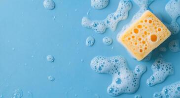 Soapy sponge resting on a blue surface with bubbles scattered around during cleaning activity photo