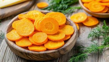Freshly sliced carrots arranged in wooden bowls with greenery on a rustic wooden surface photo