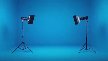 Studio setup with softboxes illuminating a blue backdrop for photography sessions photo