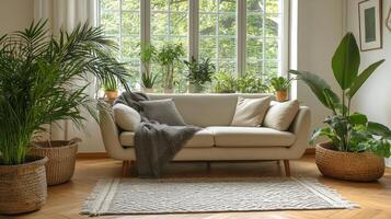 Bright and airy living room featuring a stylish sofa, indoor plants, and framed artwork on the walls photo