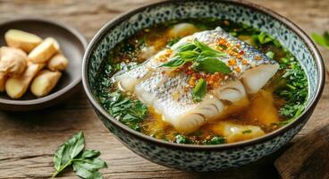 Delicious whole fish soup with herbs and vegetables served in a rustic bowl photo