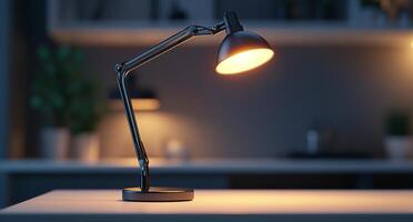 Modern desk lamp with sleek design illuminating a workspace in a minimalist setting photo