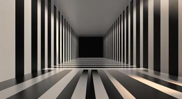 Striking black and white striped hallway with an overhead skylight in a modern building photo