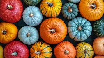 A colorful assortment of pumpkins arranged together on a table for autumn decoration photo