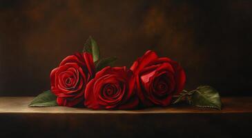 Three vibrant red roses arranged elegantly on a wooden surface with a dark background photo