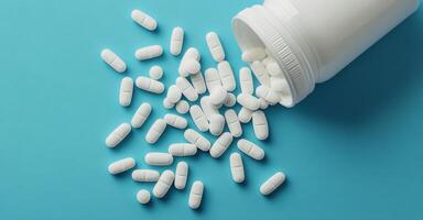 White tablets spilled from a white bottle on a blue background in a healthcare setting photo