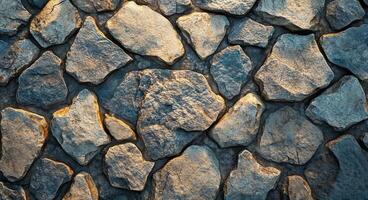 Close-up of a weathered stone wall showcasing various textured stones in natural shades photo