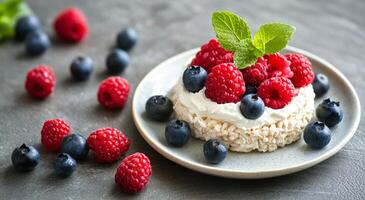 Fresh berries on a rice cake topped with cream and mint served on a gray background photo
