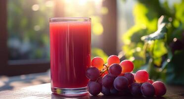 Refreshing grape juice in a glass surrounded by fresh grapes in natural sunlight photo