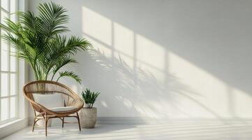 Modern interior design featuring a chair and a potted plant by a sunlit window photo
