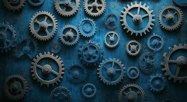 Intricate arrangement of metallic gears against a textured blue background in industrial design photo