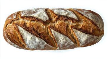 Freshly baked artisanal loaf with crispy crust showcasing intricate scoring patterns photo