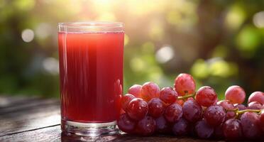 Refreshing grape juice in a glass surrounded by fresh grapes in natural sunlight photo
