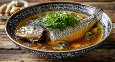 Delicious whole fish soup with herbs and vegetables served in a rustic bowl photo