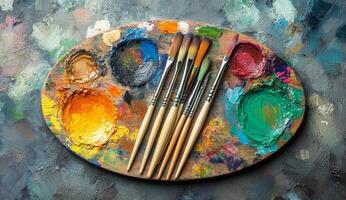 Colorful paint palette with brush strokes and paintbrushes resting on a vibrant surface photo