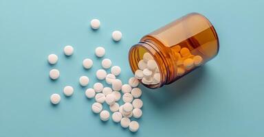 White tablets spilled from a white bottle on a blue background in a healthcare setting photo