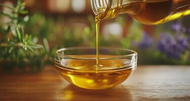 Olive oil being poured into a small glass bowl on a wooden kitchen counter surrounded by herbs photo
