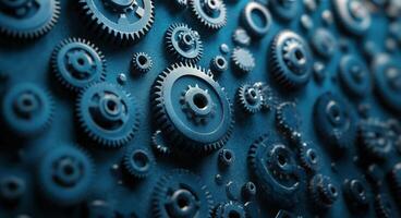 Intricate arrangement of metallic gears against a textured blue background in industrial design photo