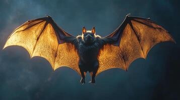A large bat flying through a misty forest during twilight in a mysterious atmosphere photo