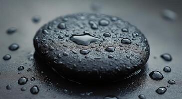 Smooth black stone with water droplets resting on a dark surface surrounded by greenery photo