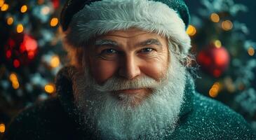 Santa Claus smiles cheerfully in a snowy festive market with holiday decorations at dusk photo