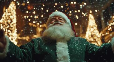 Santa Claus walks joyfully through a festive Christmas market adorned with twinkling lights photo