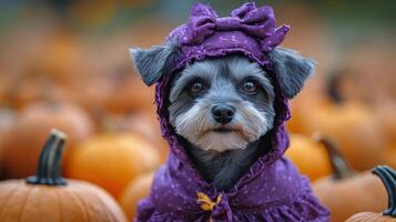 A small dog in a purple coat sits among pumpkins at a fall festival in the afternoon sunlight photo