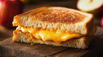 Grilled cheese sandwich with melted cheese served alongside fresh apples in a rustic setting photo