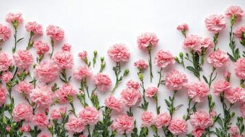 Delicate pink carnations arranged beautifully with scattered petals on a white background photo