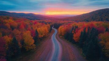 Curving road through vibrant autumn foliage at sunset in a mountainous landscape photo